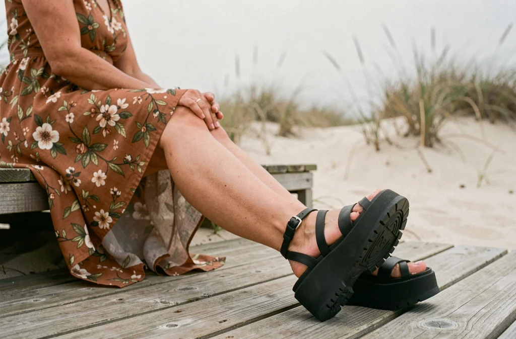 Femme assise sur un boardwalk de plage portant des sandales plateformes noires à semelle épaisse avec robe midi fleurie