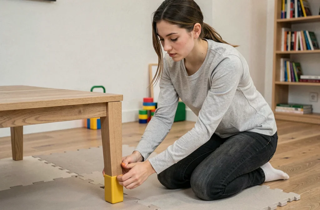 Mère installant des protège-coins sur un meuble pour sécuriser l'espace de jeux de son enfant