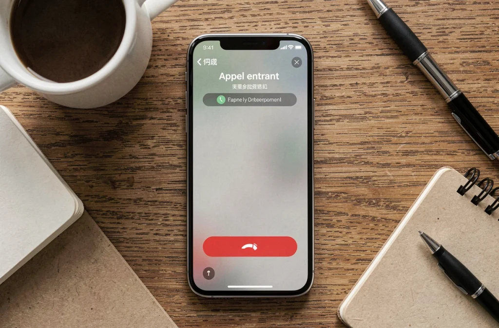 Smartphone affichant un appel entrant d'un numéro inconnu posé sur un bureau en bois
