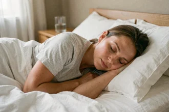 Femme adulte dormant profondément dans un lit blanc, illustrant l'importance du sommeil réparateur pour la mémoire