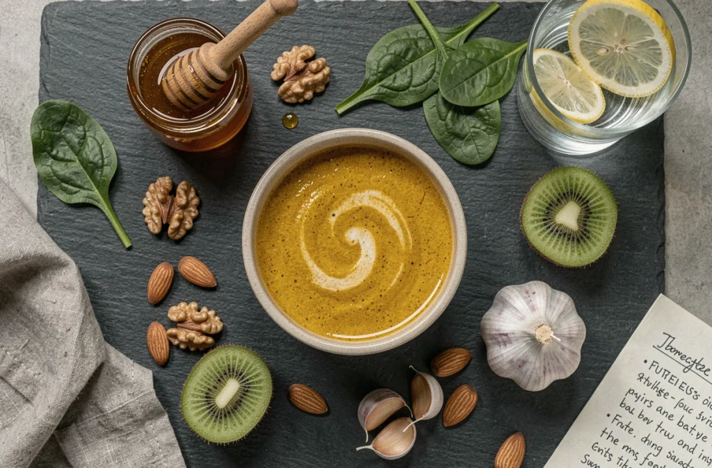 Vue de dessus d'un assortiment de superaliments pour l'immunité incluant curcuma, miel, noix, kiwi et épinards sur une ardoise sombre