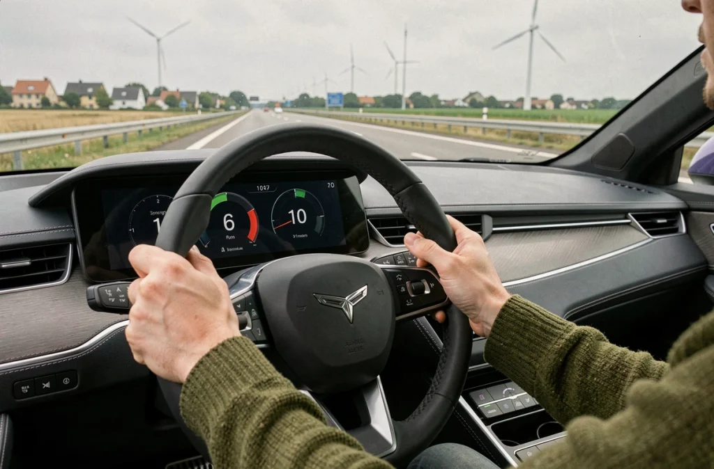 Tableau de bord d'une voiture électrique affichant l'autonomie restante sur autoroute, illustrant la gestion de la recharge entre ville et campagne