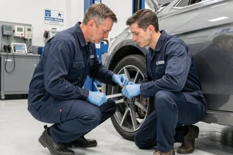 Technicien automobile effectuant le contrôle technique d'un frein à disque dans un centre de contrôle moderne