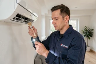Technicien climatisation inspectant une unité intérieure murale dans un appartement moderne
