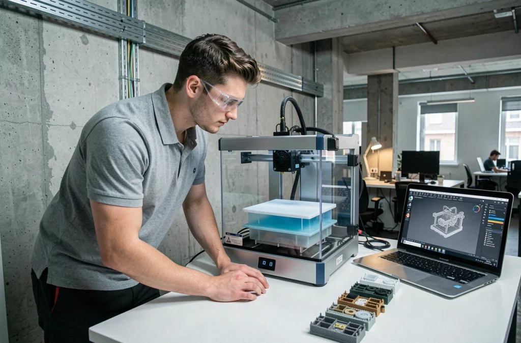 Technicien TPE utilisant une imprimante 3D résine dans un espace de production de petite entreprise