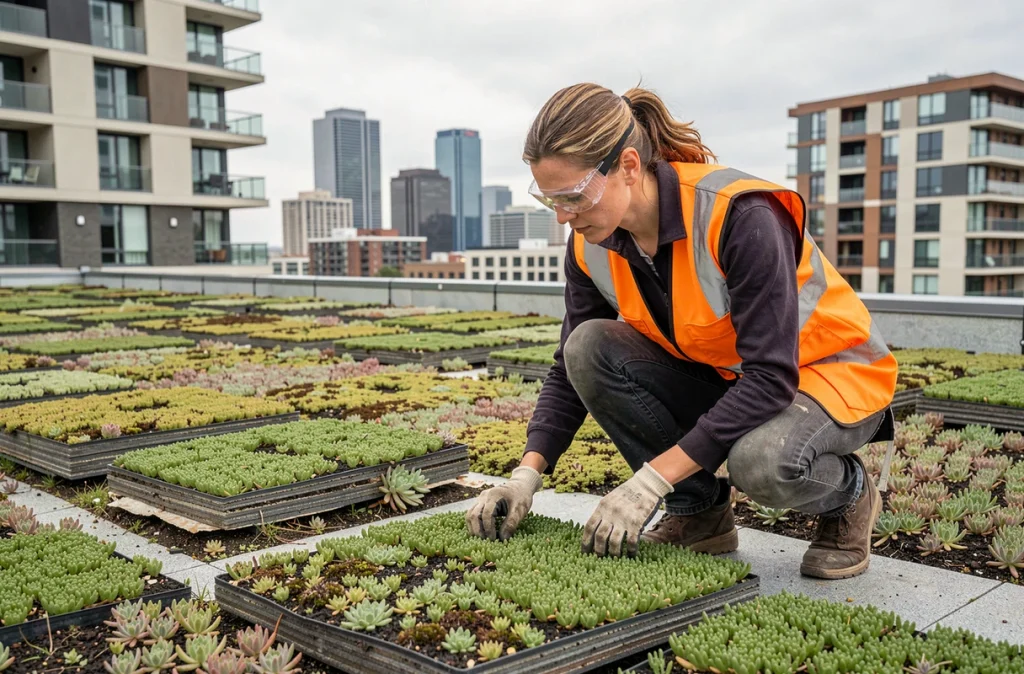 Ingénieure inspectant une toiture végétalisée conforme aux nouvelles normes environnementales de construction sur un immeuble résidentiel urbain