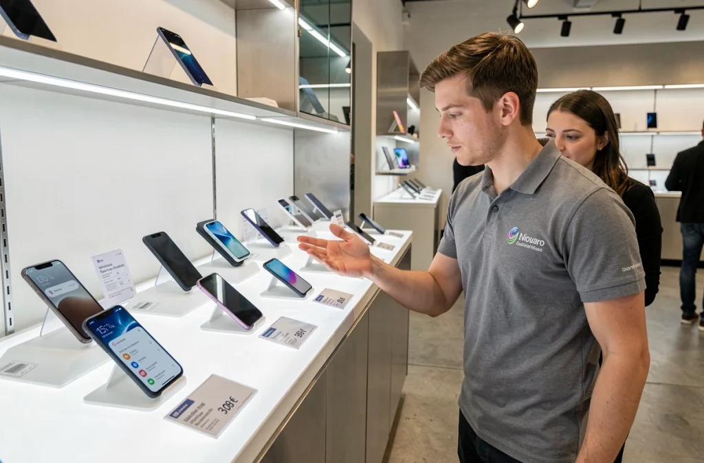 Vendeur présentant des smartphones pliables dans une boutique d'électronique européenne moderne