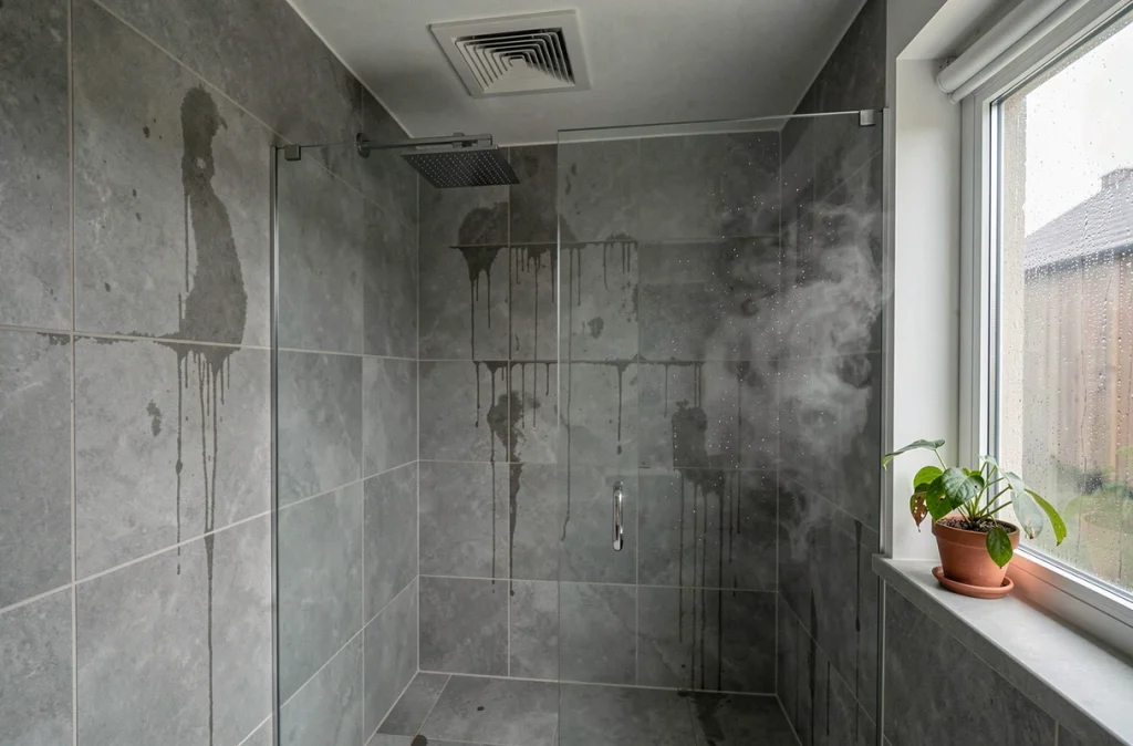 Salle de bains moderne avec grille de ventilation au plafond, condensation sur la porte de douche en verre et carrelage humide