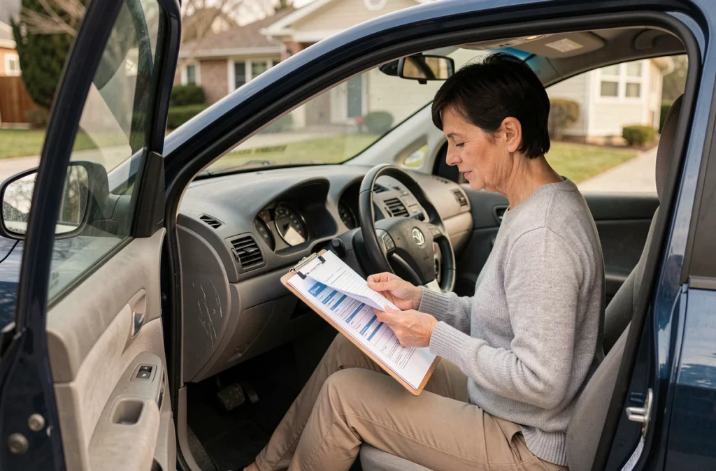 Femme vérifiant les documents d'une voiture d'occasion assise côté conducteur avant de l'acheter