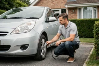 Homme vérifiant la pression des pneus de sa voiture pour réduire la consommation de carburant
