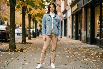Jeune femme portant une veste en jean oversize bleue sur un trottoir urbain en automne avec des feuilles dorées au sol