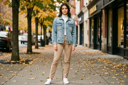 Jeune femme portant une veste en jean oversize bleue sur un trottoir urbain en automne avec des feuilles dorées au sol