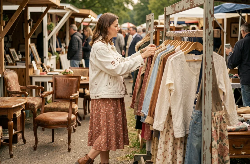 Femme en veste en jean oversize blanche sur une robe fleurie terracotta en train de fouiller un marché aux puces en plein air