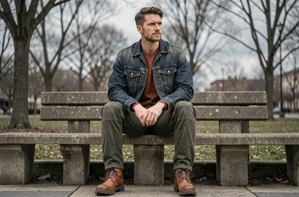 Homme assis en veste en jean oversize indigo superposée sur un pull rouille dans un parc urbain en mi-saison