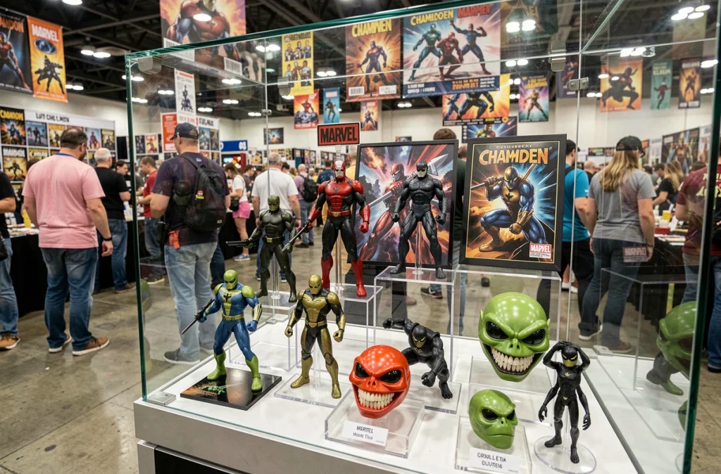 Vitrine de convention dédiée au Caméléon de Marvel avec figurines et affiches collector Spider-Man