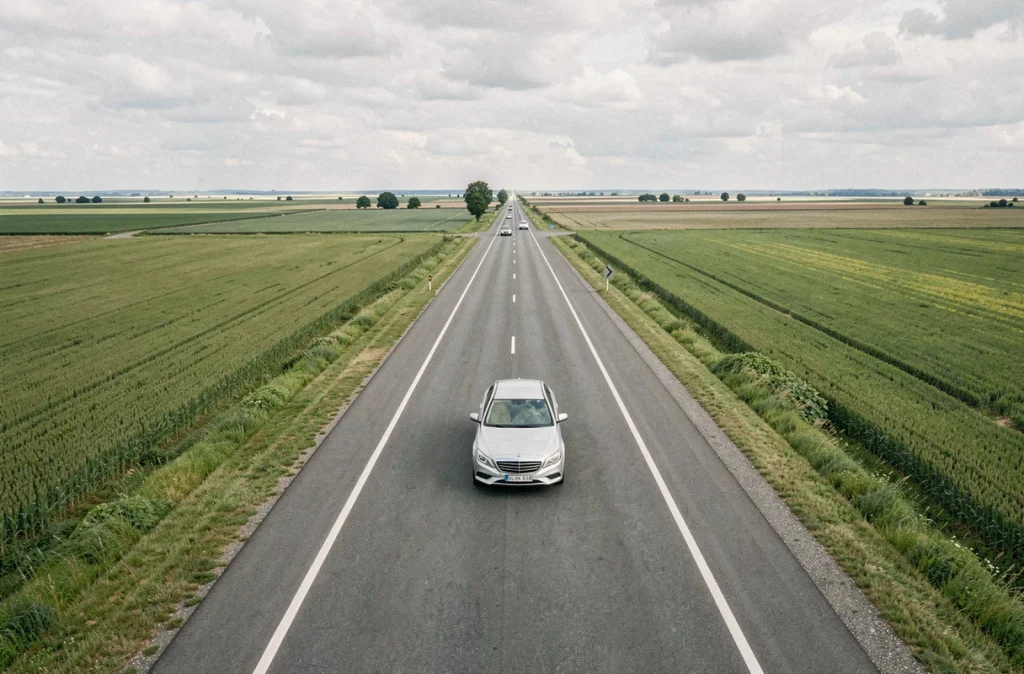 Vue aérienne d'une voiture roulant sur une autoroute en rase campagne, illustrant la conduite assistée par régulateur de vitesse