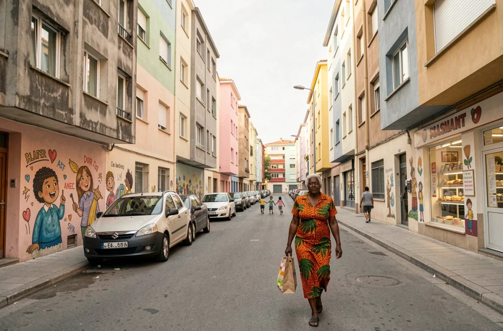 Vue de rue dans un quartier résidentiel du nord de Marseille avec une habitante en tenue traditionnelle marchant le long d'un boulevard animé