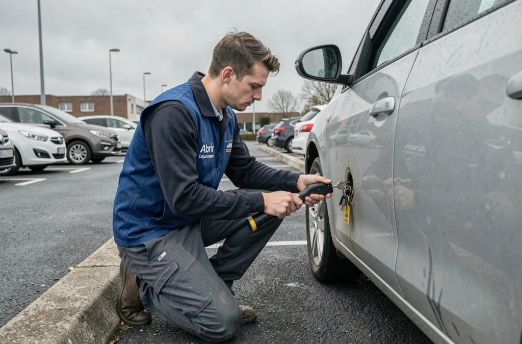 Un technicien d'Abrir Dépannage intervenant sur un véhicule verrouillé dans un parking en Gironde