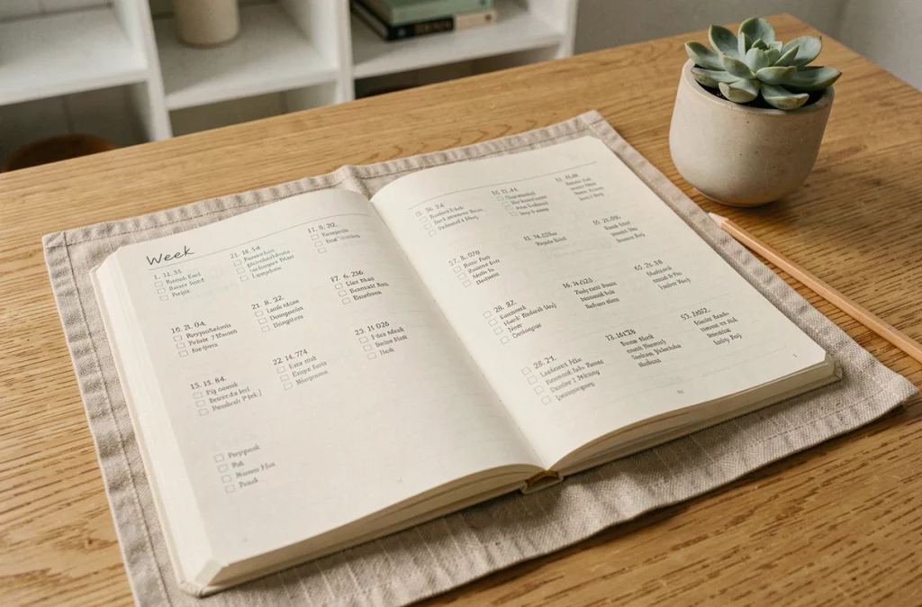 Agenda papier ouvert sur une table en bois montrant les numéros de semaines paires et impaires avec des annotations manuscrites