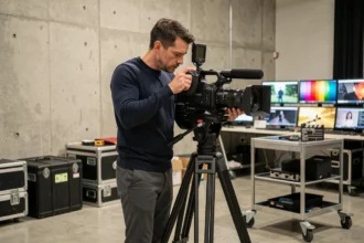 Cinématographe ajustant une caméra de cinéma professionnel sur un plateau de tournage, illustrant le travail technique derrière l'image filmique Marvel et DC