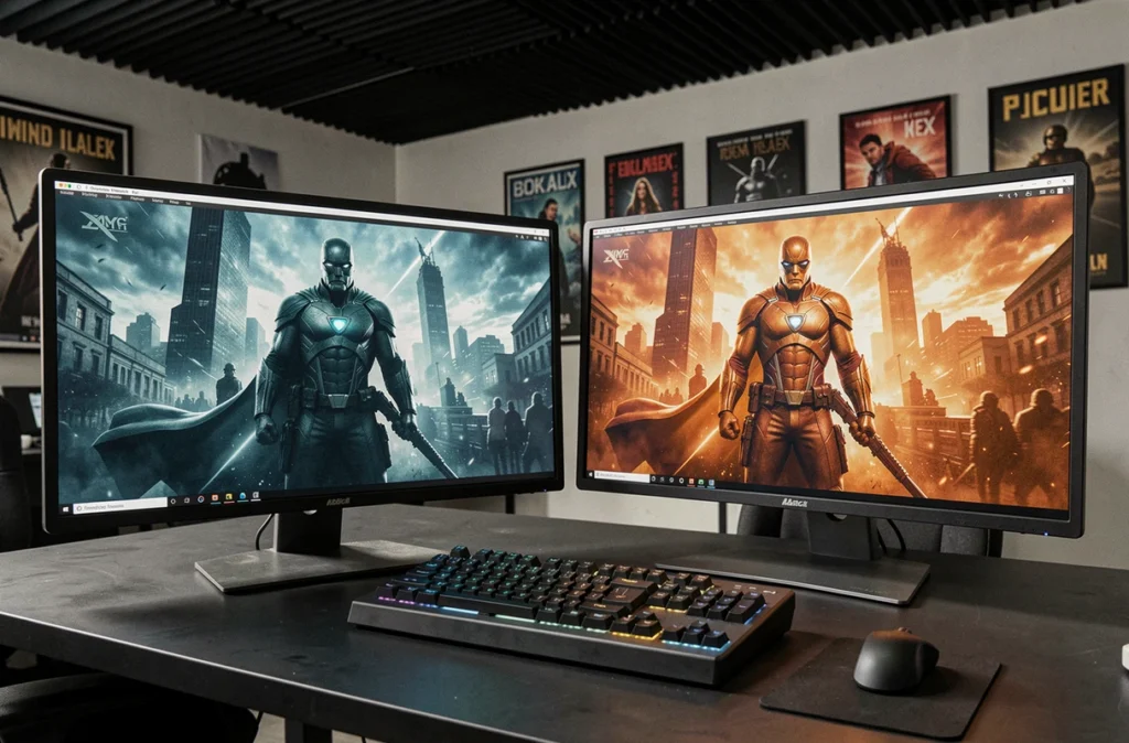 Deux moniteurs de post-production affichant des palettes de couleurs contrastées représentant les styles cinématographiques distincts de Marvel et DC