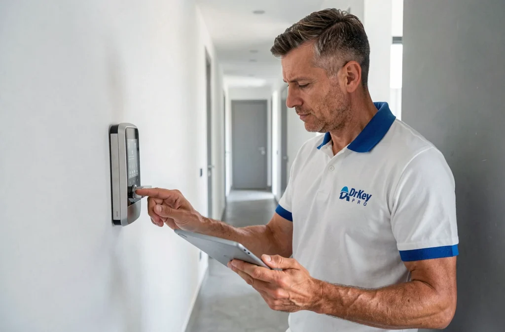 Un technicien Dr Key Pro programmant une serrure électronique connectée dans un appartement moderne de Bordeaux