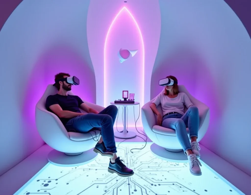 Couple allongé dans des capsules immersives connectées à une console centrale dans la salle futuriste de Dreamaway à Cherbourg-en-Cotentin
