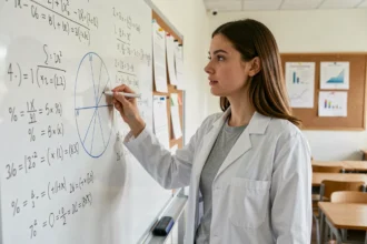 Femme enseignante devant un tableau blanc avec des formules de conversion de pourcentage en degrés