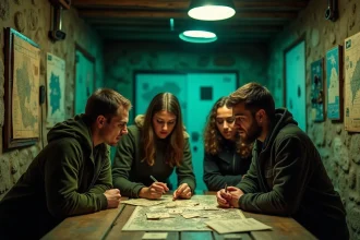 Groupe de joueurs concentrés dans un escape game en Normandie, entourés de puzzles, cadenas et cartes mystérieuses