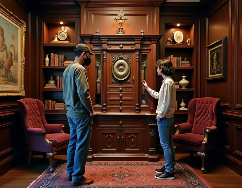 Trois amis résolvant une énigme autour d'un meuble à tiroirs secrets dans l'ambiance victorienne d'Escape Yourself à Tourlaville