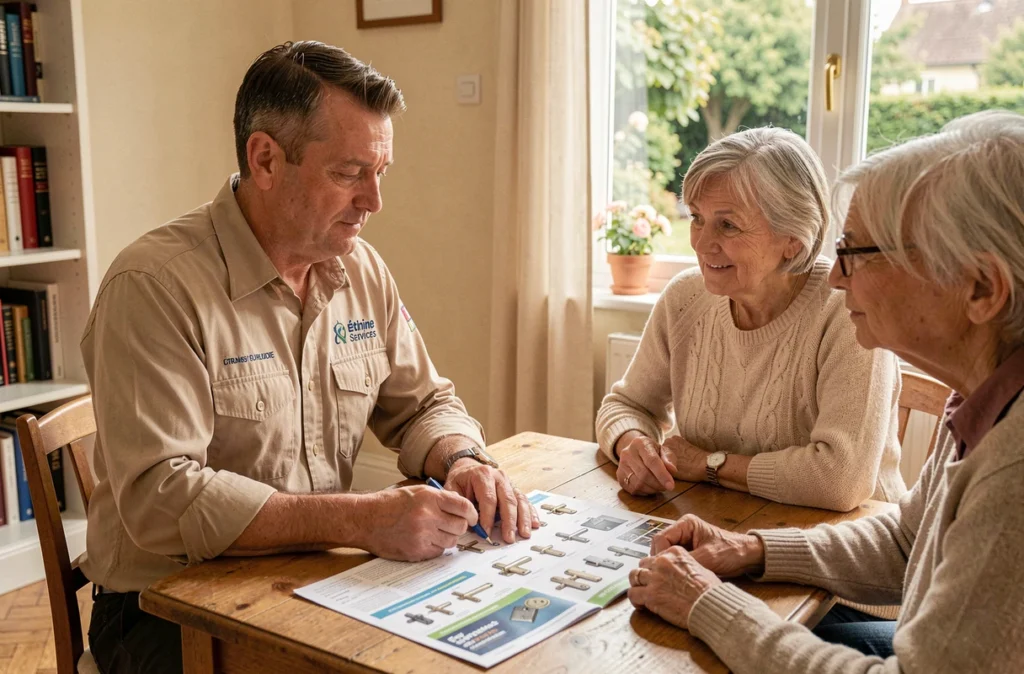 Un technicien d'Étienne Services conseillant des clients sur leurs options de sécurité dans leur maison en Gironde