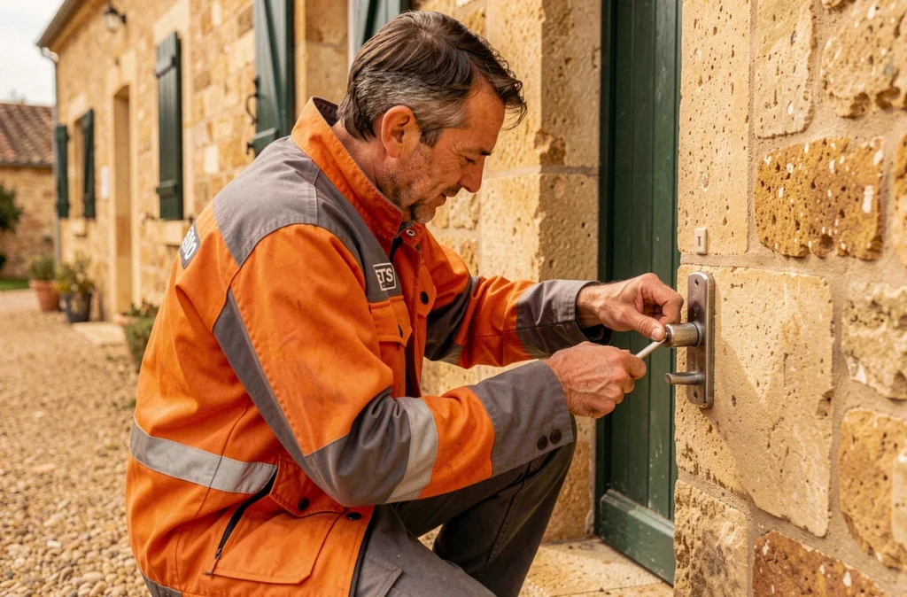 Un technicien ETS Serrano remplaçant un cylindre de serrure sur une maison en pierre typique de Gironde