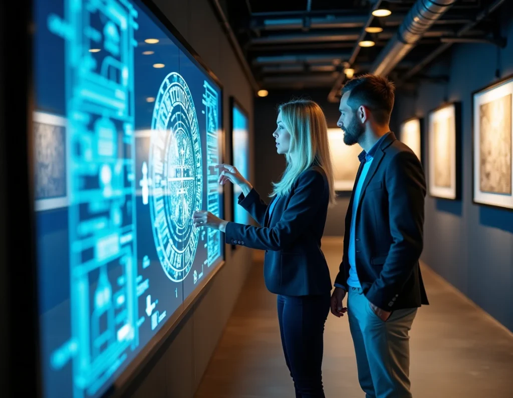 Couple interagissant avec un panneau de puzzles interactifs dans la salle moderne de l'escape game Experience Game à Saint-Lô