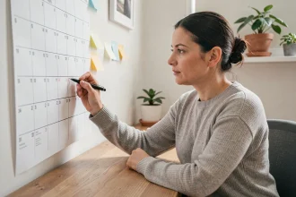 Femme consultant un calendrier mural papier pour planifier ses semaines paires et impaires en 2026