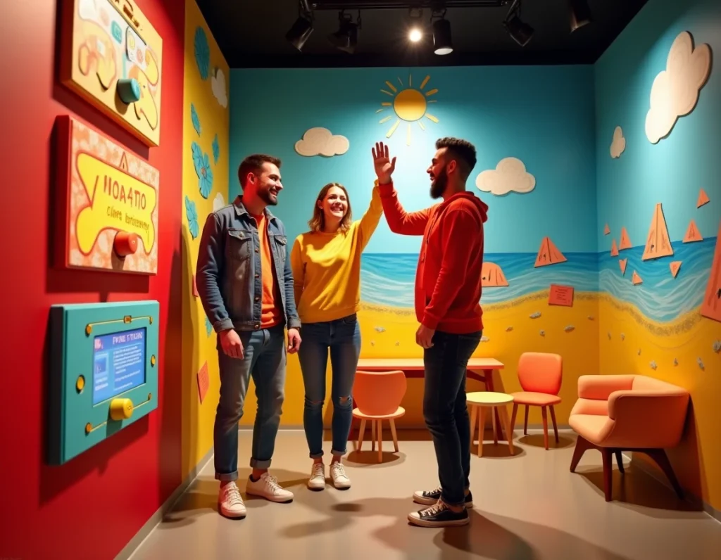 Trois jeunes adultes célébrant leur victoire devant une installation colorée dans la salle pop et fun de Fun Inside à Cherbourg-en-Cotentin