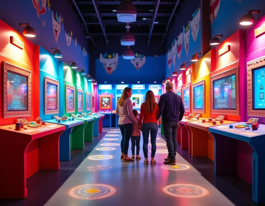 Famille jouant dans les différentes zones de puzzles et d'activités du Games Park à Cherbourg-en-Cotentin