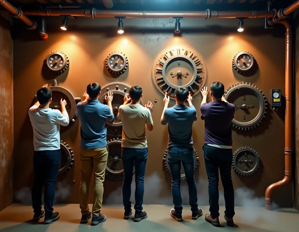 Groupe de joueurs manipulant des engrenages mécaniques géants dans la salle steampunk de Get Out ! à Tourlaville