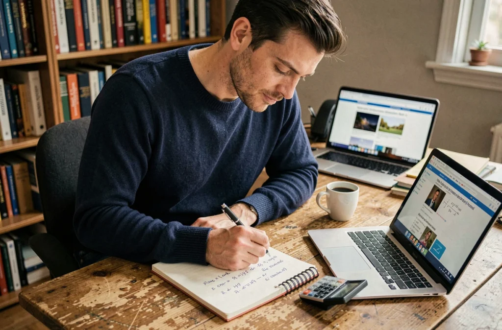 Homme calculant la conversion de pourcentage en degrés avec une calculatrice scientifique et un carnet de notes