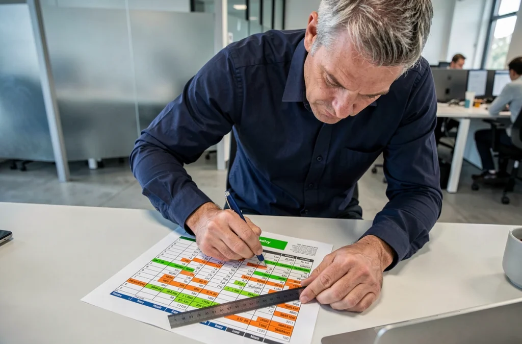 Homme en réunion de bureau consultant un planning hebdomadaire avec semaines numérotées pour l'organisation professionnelle
