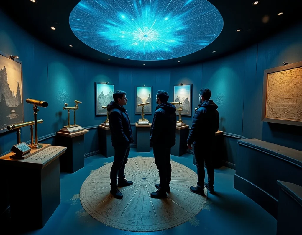 Trois joueurs autour d'instruments d'explorateurs sous un plafond étoilé dans la salle mystère de Mont Mystery à Avranches