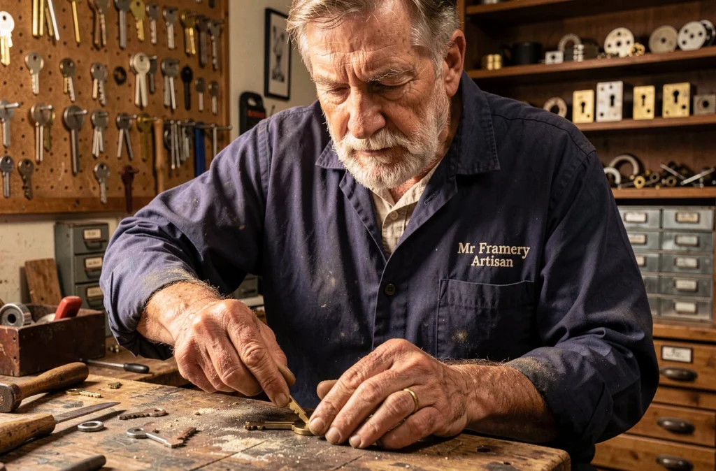 L'artisan Mr Framery taillant une clé sur mesure dans son atelier de serrurerie en Gironde