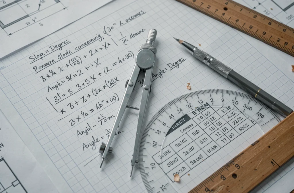 Compas et rapporteur posés sur une feuille de calcul avec des formules de conversion de pourcentage en degrés