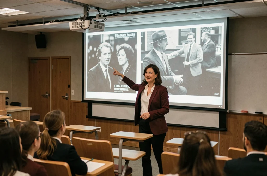 Professeure de cinéma analysant la comparaison visuelle entre les cinématographies Marvel et DC devant un amphi universitaire
