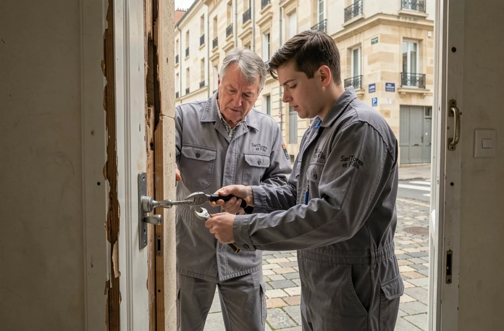 Deux techniciens de Sarl Torres et Fils remplaçant un cadre de porte endommagé dans un appartement bordelais