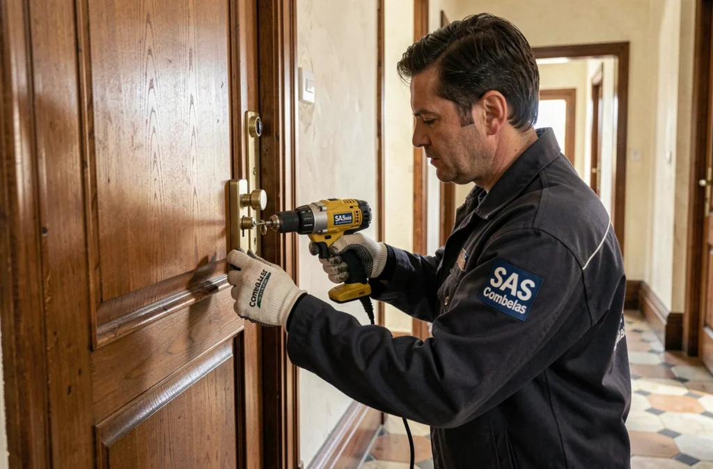 Un technicien de SAS Combelas installant une serrure multipoint sur une porte en chêne dans un immeuble bordelais