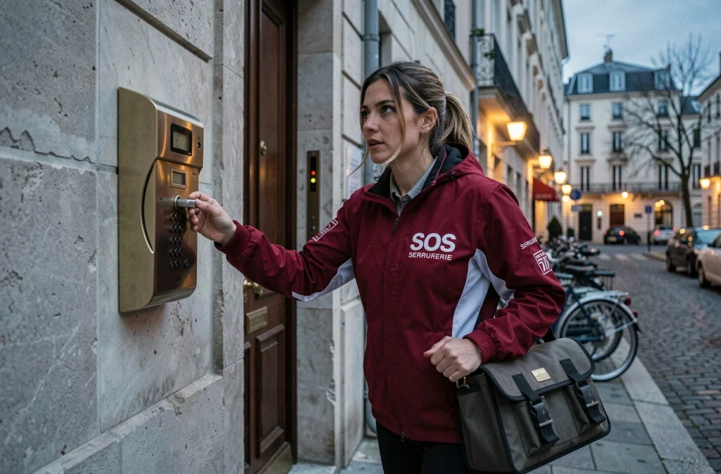 Une technicienne de SOS Serrurerie Bordeaux arrivant en urgence devant un immeuble bordelais au crépuscule
