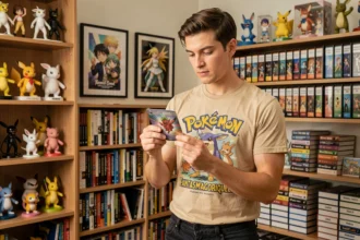 Collectionneur adulte tenant une carte holographique Pokémon Flammes Fantasmagoriques dans une salle de collection vintage