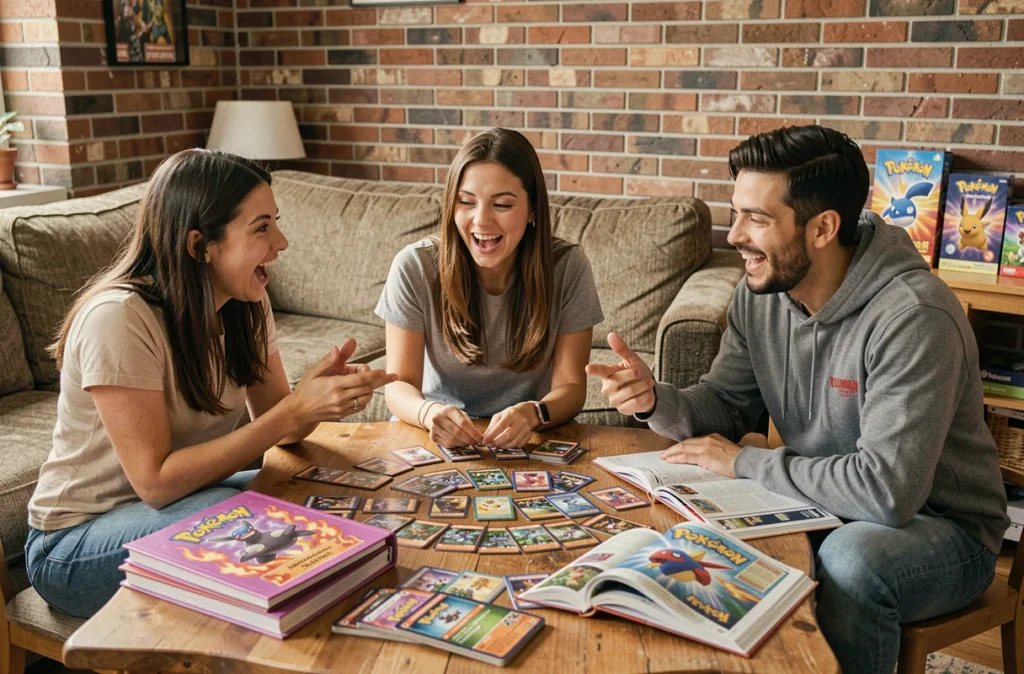 Groupe de fans adultes réunis autour de cartes Pokémon Flammes Fantasmagoriques dans un salon vintage